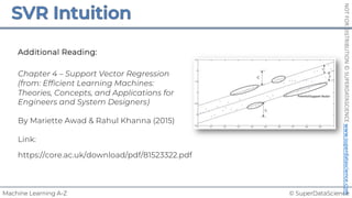 © SuperDataScience
Machine Learning A-Z
NOT
FOR
DISTRIBUTION
©
SUPERDATASCIENCE
www.superdatascience.com
Chapter 4 – Support Vector Regression
(from: Efficient Learning Machines:
Theories, Concepts, and Applications for
Engineers and System Designers)
By Mariette Awad & Rahul Khanna (2015)
Link:
https://core.ac.uk/download/pdf/81523322.pdf
Additional Reading:
 