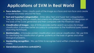 Applications of SVM in Real World
 Face detection – SVMc classify parts of the image as a face and non-face and create
a square boundary around the face.
 Text and hypertext categorization – SVMs allow Text and hyper text categorization .
They use training data to classify documents into different categories. It categorizes on
the basis of the score generated and then compares with the threshold value.
 Classification of images – Use of SVMs provides better search accuracy for image
classification. It provides better accuracy in comparison to the traditional query based
searching techniques.
 Bioinformatics – It includes protein classification and cancer classification. We use SVM
for identifying the classification of genes, patients on the basis of genes and other
biological problems.
 Handwriting recognition – We use SVMs to recognize hand written characters used
widely.
 Generalized predictive control(GPC)
 