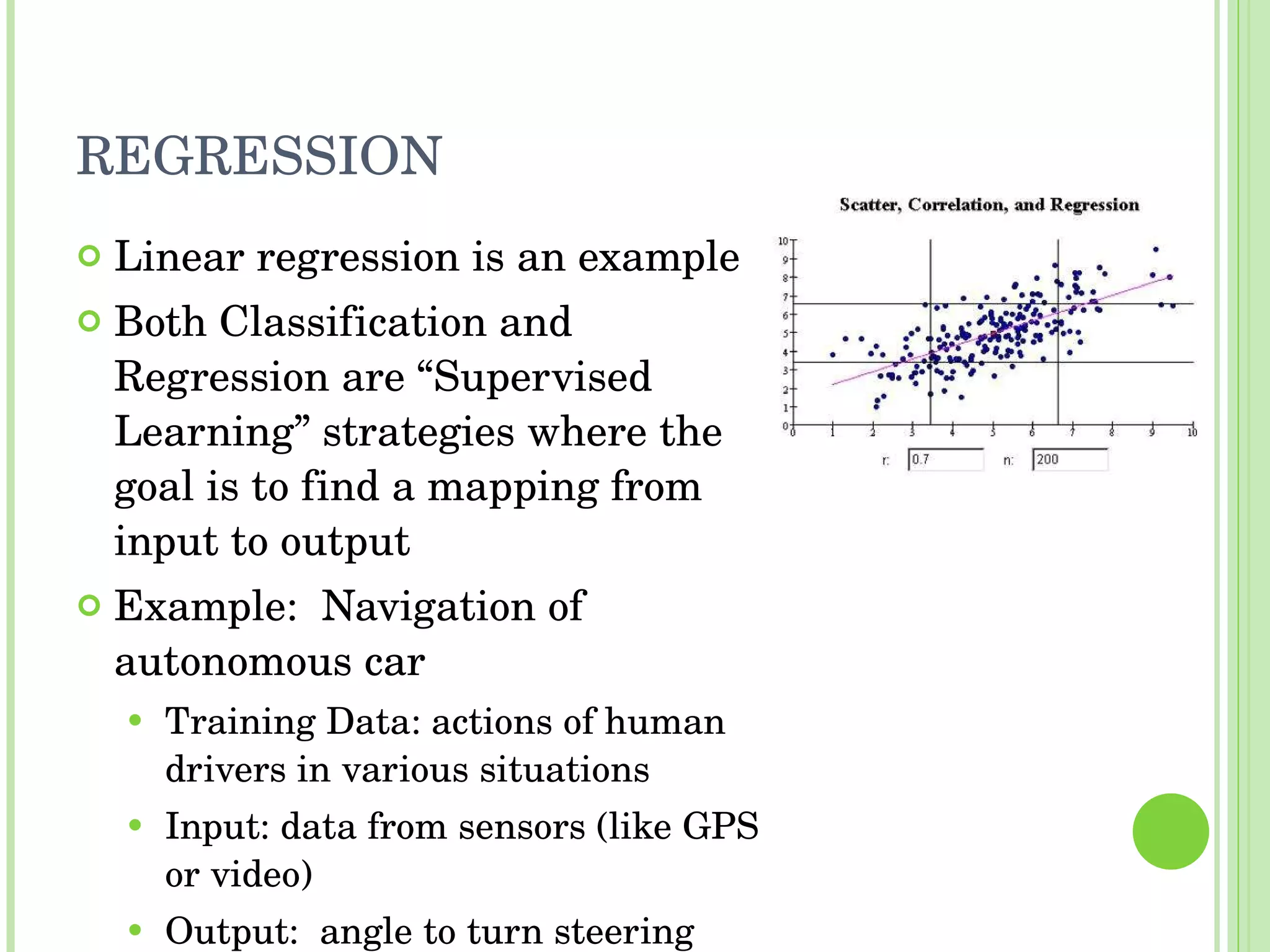 REGRESSION Linear regression is an example Both Classification and Regression are “Supervised Learning” strategies where the goal is to find a mapping from input to output Example:  Navigation of autonomous car Training Data: actions of human drivers in various situations Input: data from sensors (like GPS or video) Output:  angle to turn steering wheel 