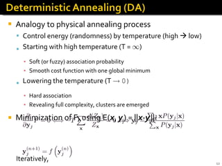Analogy to physical annealing process  Control energy (randomness) by temperature (high    low)  Starting with high temperature (T =  1 )  Soft (or fuzzy) association probability Smooth cost function with one global minimum Lowering the temperature (T  !   0) Hard association Revealing full complexity, clusters are emerged Minimization of F, using E( x ,  y j ) = || x - y j || 2 Iteratively, 