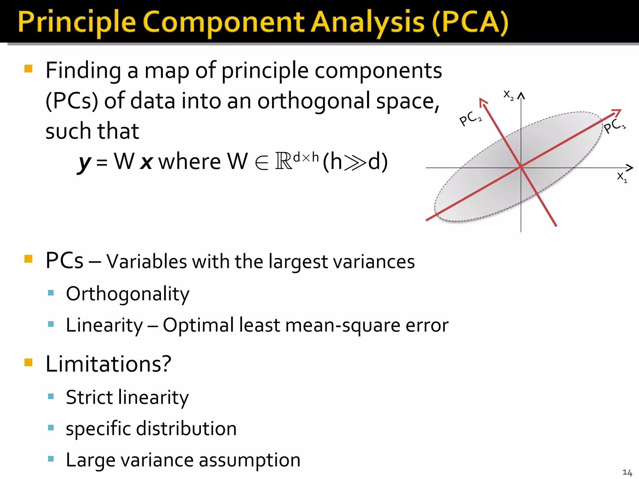 Finding a map of principle components (PCs) of data into an orthogonal space, such that  y   = W  x   where W  2   R d £ h  (h À d) PCs –  Variables with the largest variances Orthogonality  Linearity – Optimal least mean-square error  Limitations?  Strict linearity  specific distribution Large variance assumption x 1 x 2 PC 1 PC 2 