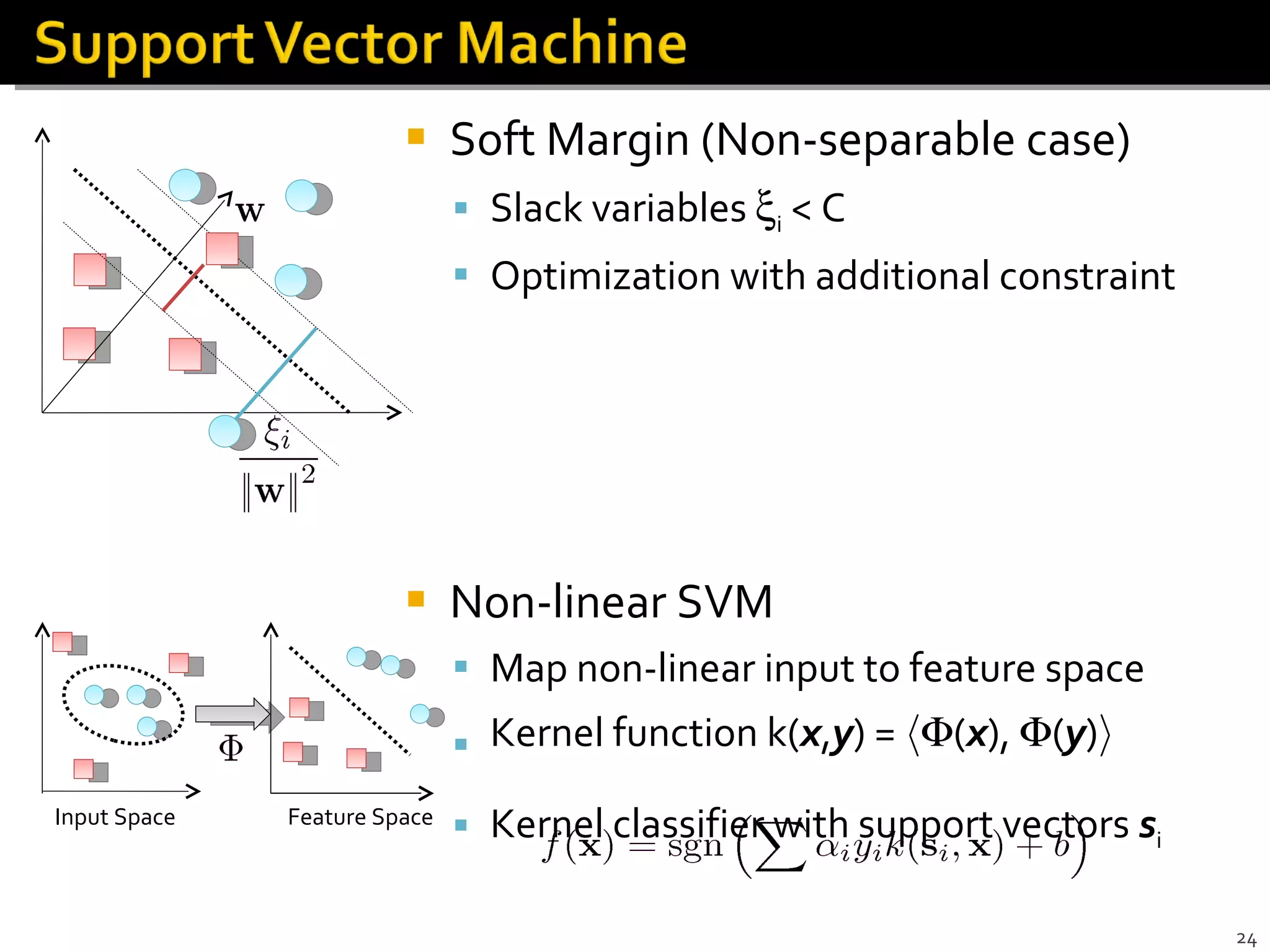 Soft Margin (Non-separable case) Slack variables   i  < C Optimization with additional constraint Non-linear SVM Map non-linear input to feature space Kernel function k( x , y ) =  h  ( x ),   ( y ) i   Kernel classifier with support vectors  s i Input Space Feature Space 