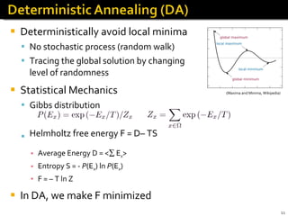 Deterministically avoid local minima  No stochastic process (random walk) Tracing the global solution by changing  level of randomness Statistical Mechanics Gibbs distribution Helmholtz free energy F = D   – TS Average Energy D = <   E x > Entropy S = -  P (E x ) ln  P (E x ) F = – T ln Z In DA, we make F minimized (Maxima and Minima, Wikipedia) 