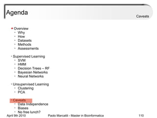 Agenda Caveats Overview Why How Datasets Methods Assessments Supervised Learning SVM HMM Decision Trees – RF Bayesian Networks Neural Networks Unsupervised Learning Clustering PCA Caveats Data Independence Biases No free lunch? 