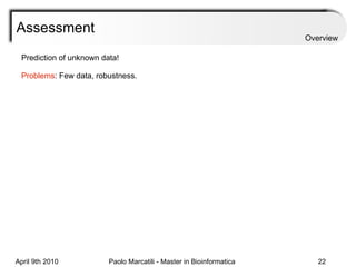Assessment Prediction of unknown data! Problems : Few data, robustness. Overview 