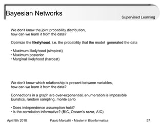Bayesian Networks Supervised Learning We don't know the joint probability distribution, how can we learn it from the data? Optimize the  likelyhood , i.e. the probability that the model  generated the data Maximum likelyhood (simplest) Maximum posterior Marginal likelyhood (hardest) We don't know which relationship is present between variables, how can we learn it from the data? Connections in a graph are over-exponential, enumeration is impossible Euristics, random sampling, monte carlo Does independence assumption hold? Is the correlation informative? (BIC, Occam's razor, AIC) 
