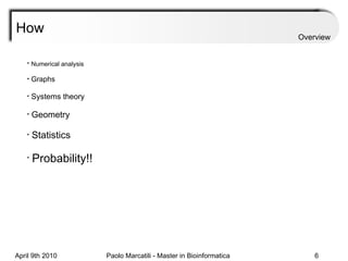 How Numerical analysis Graphs Systems theory Geometry Statistics Probability!! Overview 