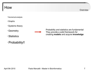 How Numerical analysis Graphs Systems theory Geometry Statistics Probability!! Probability and statistics are fundamental They provide a solid framework for creating  models  and acquire  knowledge Overview 