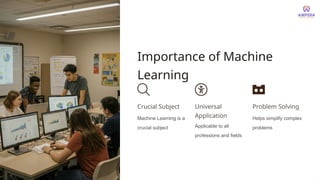 Importance of Machine
Learning
Crucial Subject
Machine Learning is a
crucial subject
Universal
Application
Applicable to all
professions and fields
Problem Solving
Helps simplify complex
problems
 