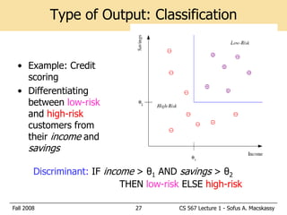 Type of Output: Classification


  • Example: Credit
    scoring
  • Differentiating
    between low-risk
    and high-risk
    customers from
    their income and
      savings

        Discriminant: IF income > θ1 AND savings > θ2
                             THEN low-risk ELSE high-risk

Fall 2008                       27        CS 567 Lecture 1 - Sofus A. Macskassy
 