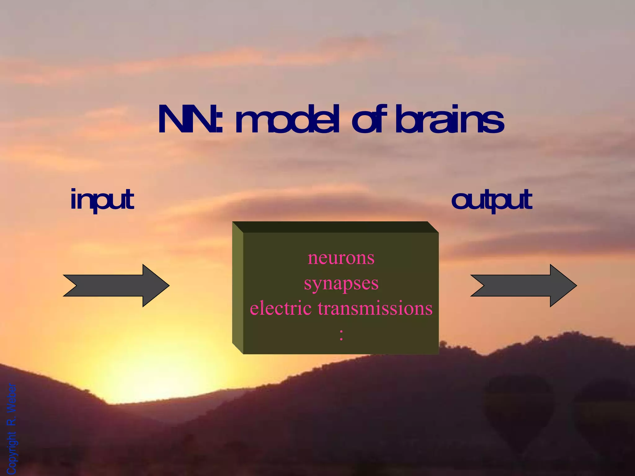 NN: model of brains input output neurons synapses electric transmissions : 
