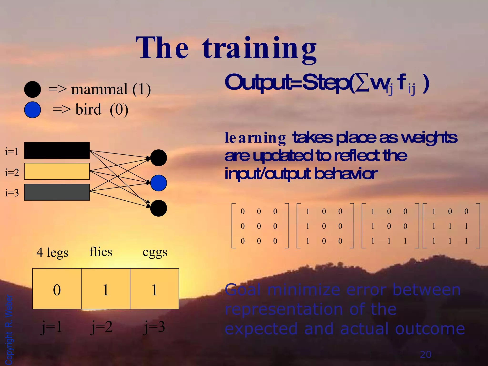 The training Output=Step(  w  f  ) learning  takes place as weights are updated to reflect the input/output behavior => mammal (1) => bird  (0) 0 1 1 4 legs flies eggs i=1 i=2 i=3 j=1 j=2 j=3 ij Goal minimize error between representation of the expected and actual outcome 20   ij 0  0  0 0  0  0 0  0  0 1  0  0 1  0  0 1  0  0 1  0  0 1  0  0 1  1  1 1  0  0 1  1  1 1  1  1 