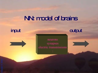 NN: model of brains input output neurons synapses electric transmissions : 