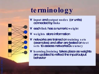 terminology input  and  output nodes  (or units) connected by  links each  link  has a numeric  weight weights  store information networks are trained on  training sets  (examples) and after are tested on  test sets  to assess networks’  accuracy learning/training  takes place as weights are updated to reflect the input/output behavior 