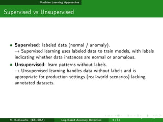 Machine Learning Approaches
Supervised vs Unsupervised
Supervised: labeled data (normal / anomaly).
→ Supervised learning uses labeled data to train models, with labels
indicating whether data instances are normal or anomalous.
Unsupervised: learn patterns without labels.
→ Unsupervised learning handles data without labels and is
appropriate for production settings (real-world scenarios) lacking
annotated datasets.
M. Bekkouche (ESI-SBA) Log-Based Anomaly Detection
July 14
th, 2025 [0.1cm] Rom
6 / 14
 