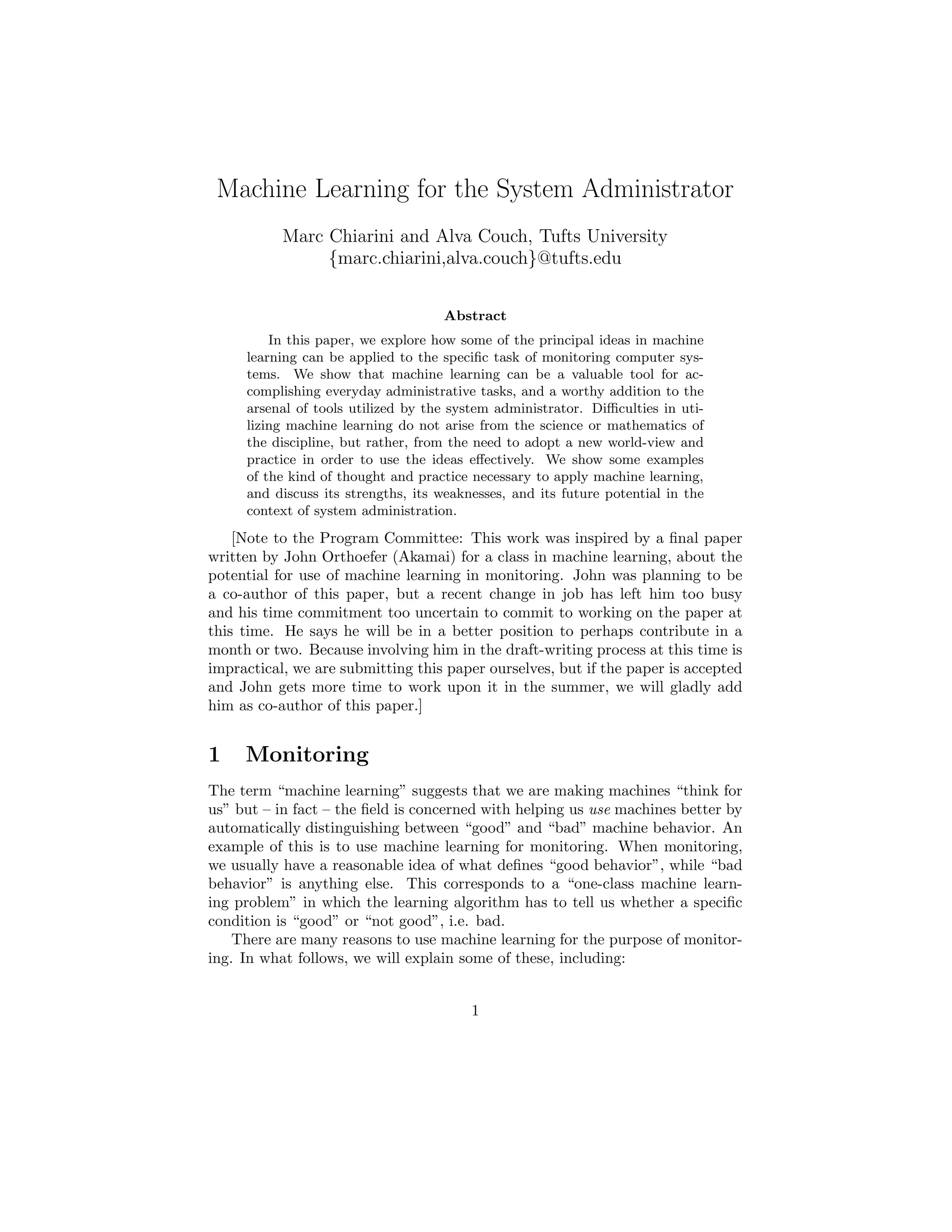 Machine Learning for the System Administrator | PDF image.