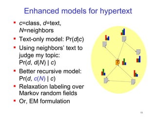 Enhanced models for hypertext c =class,  d =text,  N =neighbors Text-only model: Pr( d | c ) Using neighbors’ text to judge my topic: Pr( d ,  d ( N ) |  c ) Better recursive model: Pr( d ,  c ( N )   |  c ) Relaxation labeling over Markov random fields Or, EM formulation ? 