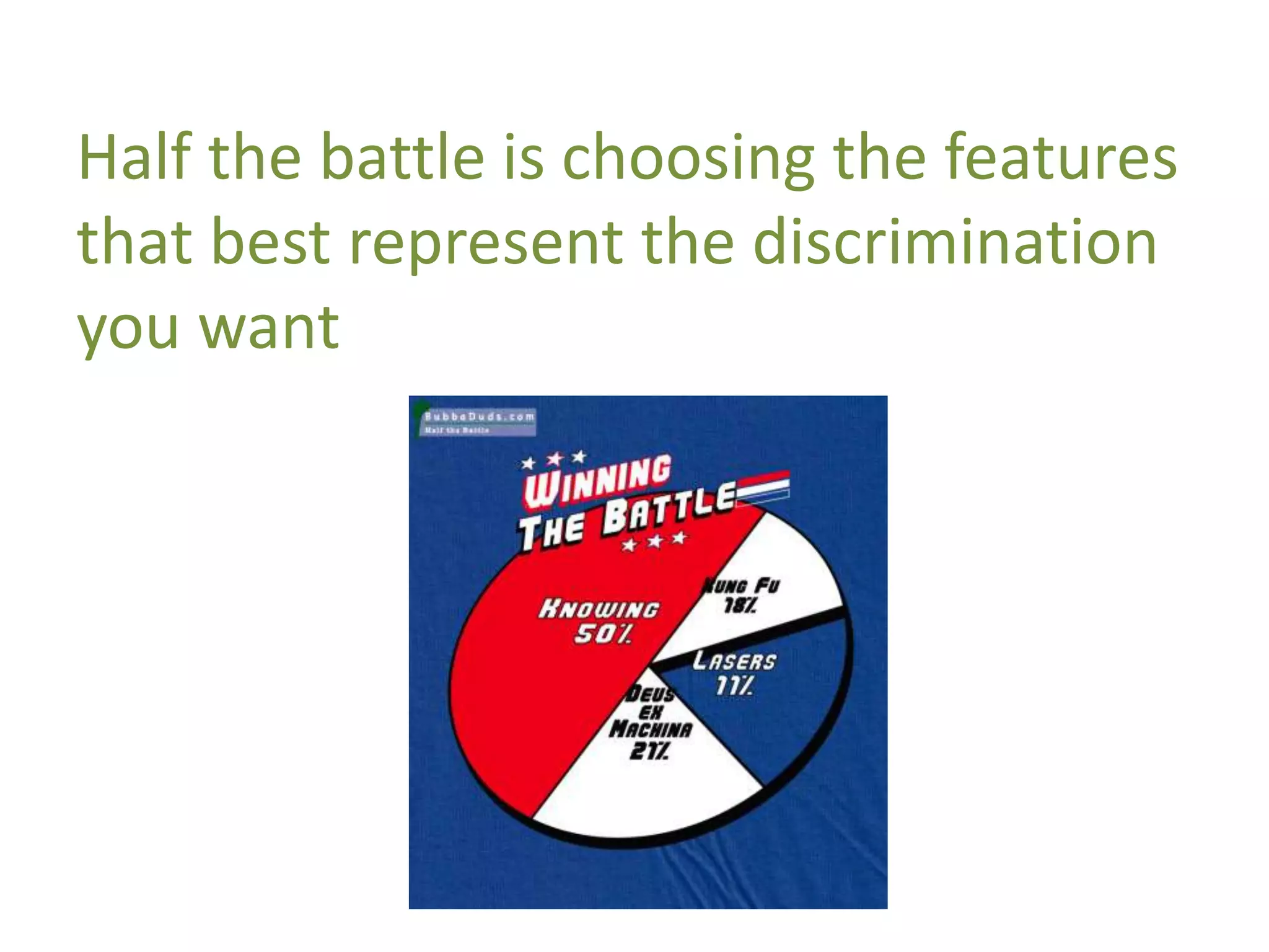 Half the battle is choosing the features
that best represent the discrimination
you want
 