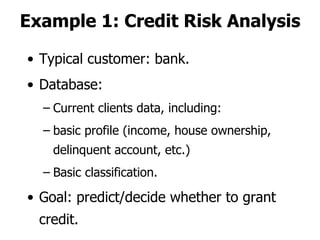 Example 1: Credit Risk Analysis Typical customer: bank. Database: Current clients data, including: basic profile (income, house ownership, delinquent account, etc.) Basic classification. Goal: predict/decide whether to grant credit. 