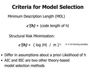 Criteria for Model Selection Differ in assumptions about a priori Likelihood of h AIC and BIC are two other theory-based  model selection methods Minimum Description Length (MDL)  ’ (h)  + |code length of h| Structural Risk Minimization:  ’ (h)  +  { log |H|  /  m } ½  m # of training samples 
