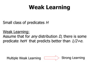 Weak Learning Small class of predicates  H Weak Learning: Assume that for  any  distribution  D , there is some  predicate  heH  that predicts better than  1/2+e. Multiple Weak Learning Strong Learning 