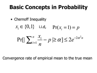 Basic Concepts in Probability Chernoff Inequality i.i.d,  Convergence rate of empirical mean to the true mean 