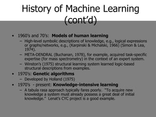 History of Machine Learning (cont’d) 1960’s and 70’s:  Models of human learning High-level symbolic descriptions of knowledge, e.g., logical expressions or graphs/networks, e.g., (Karpinski & Michalski, 1966) (Simon & Lea, 1974). META-DENDRAL (Buchanan, 1978), for example, acquired task-specific expertise (for mass spectrometry) in the context of an expert system. Winston’s (1975) structural learning system learned logic-based structural descriptions from examples. 1970’s:  Genetic algorithms Developed by Holland (1975) 1970’s  - present:  Knowledge-intensive learning A tabula rasa approach typically fares poorly.  “To acquire new knowledge a system must already possess a great deal of initial knowledge.”  Lenat’s CYC project is a good example. 
