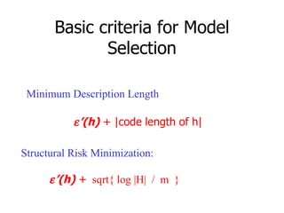 Basic criteria for Model Selection Minimum Description Length  ’ (h)  + |code length of h| Structural Risk Minimization:  ’ (h)  +   sqrt{ log |H|  /  m  } 