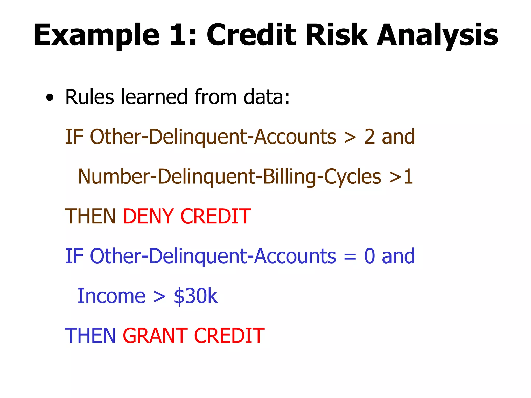 Example 1: Credit Risk Analysis Rules learned from data: IF Other-Delinquent-Accounts > 2 and Number-Delinquent-Billing-Cycles >1 THEN  DENY CREDIT IF Other-Delinquent-Accounts = 0 and Income > $30k THEN  GRANT CREDIT 