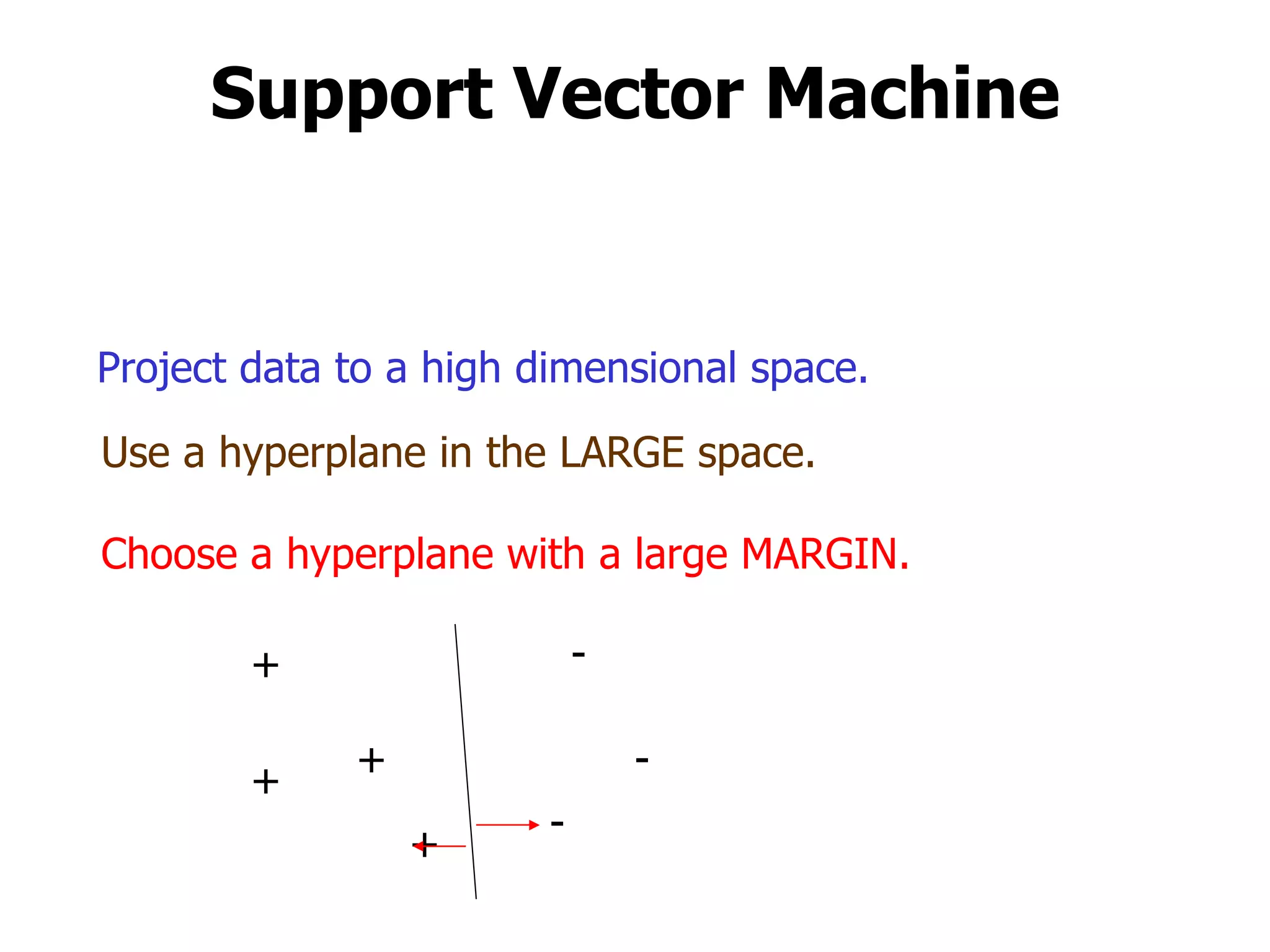 Support Vector Machine Use a hyperplane in the LARGE space. Choose a hyperplane with a large MARGIN. + + + + - - - Project data to a high dimensional space. 