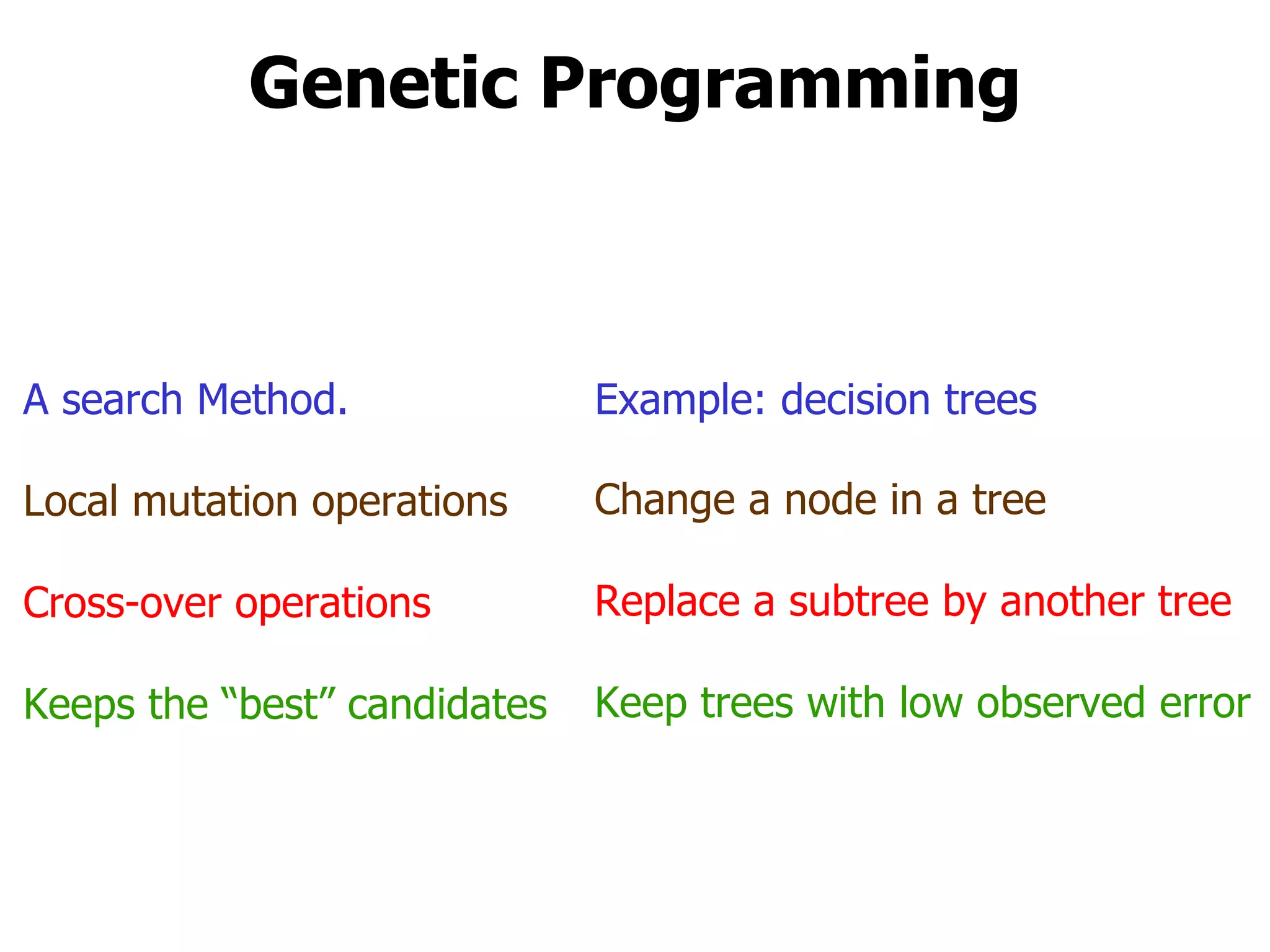 Genetic Programming A search Method. Local mutation operations  Cross-over operations Keeps the “best” candidates Change a node in a tree Replace a subtree by another tree Keep trees with low observed error Example: decision trees 