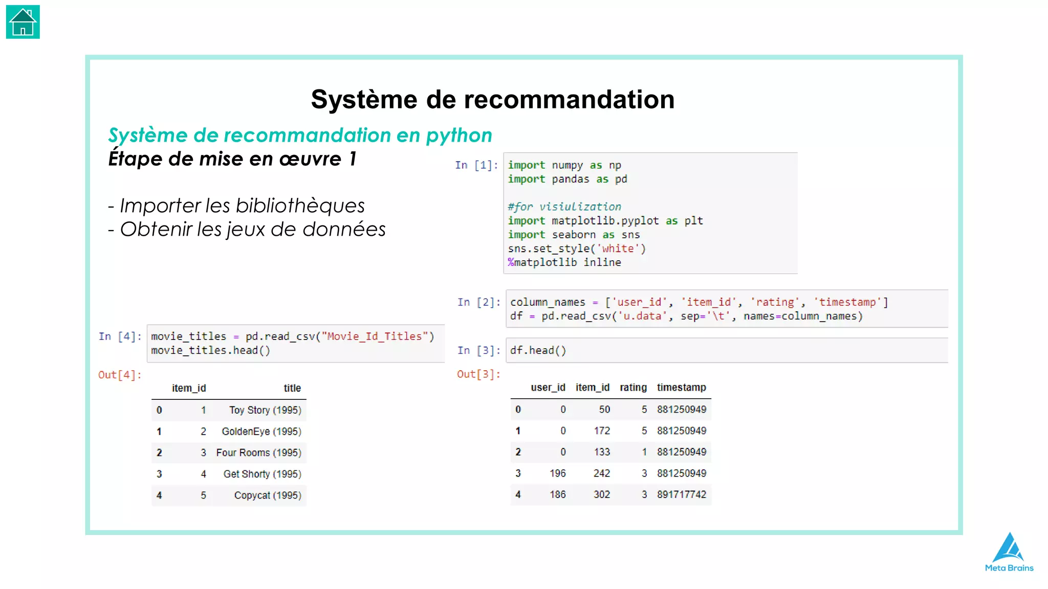Système de recommandation
Système de recommandation en python
Étape de mise en œuvre 1
- Importer les bibliothèques
- Obtenir les jeux de données
 
