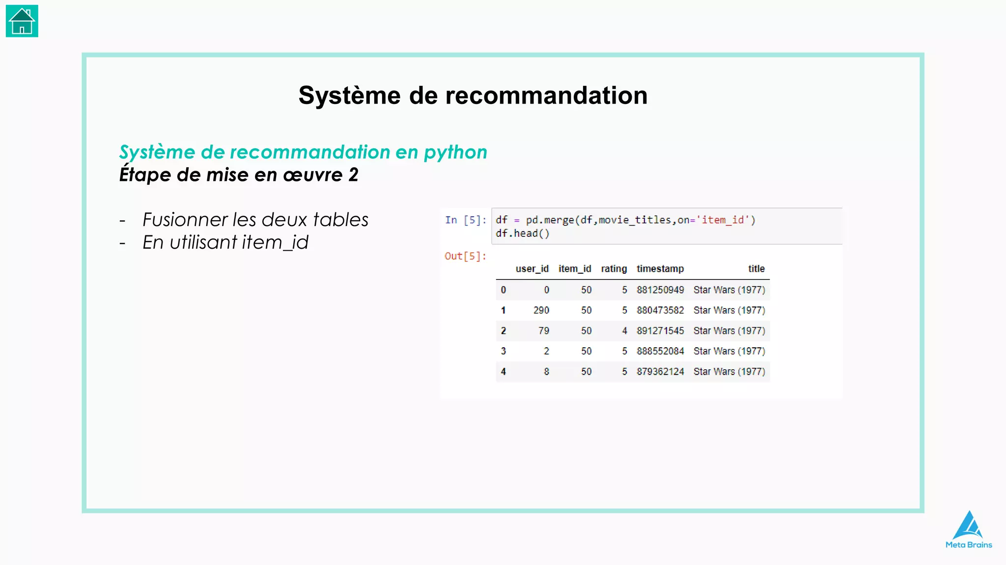 Système de recommandation
Système de recommandation en python
Étape de mise en œuvre 2
- Fusionner les deux tables
- En utilisant item_id
 