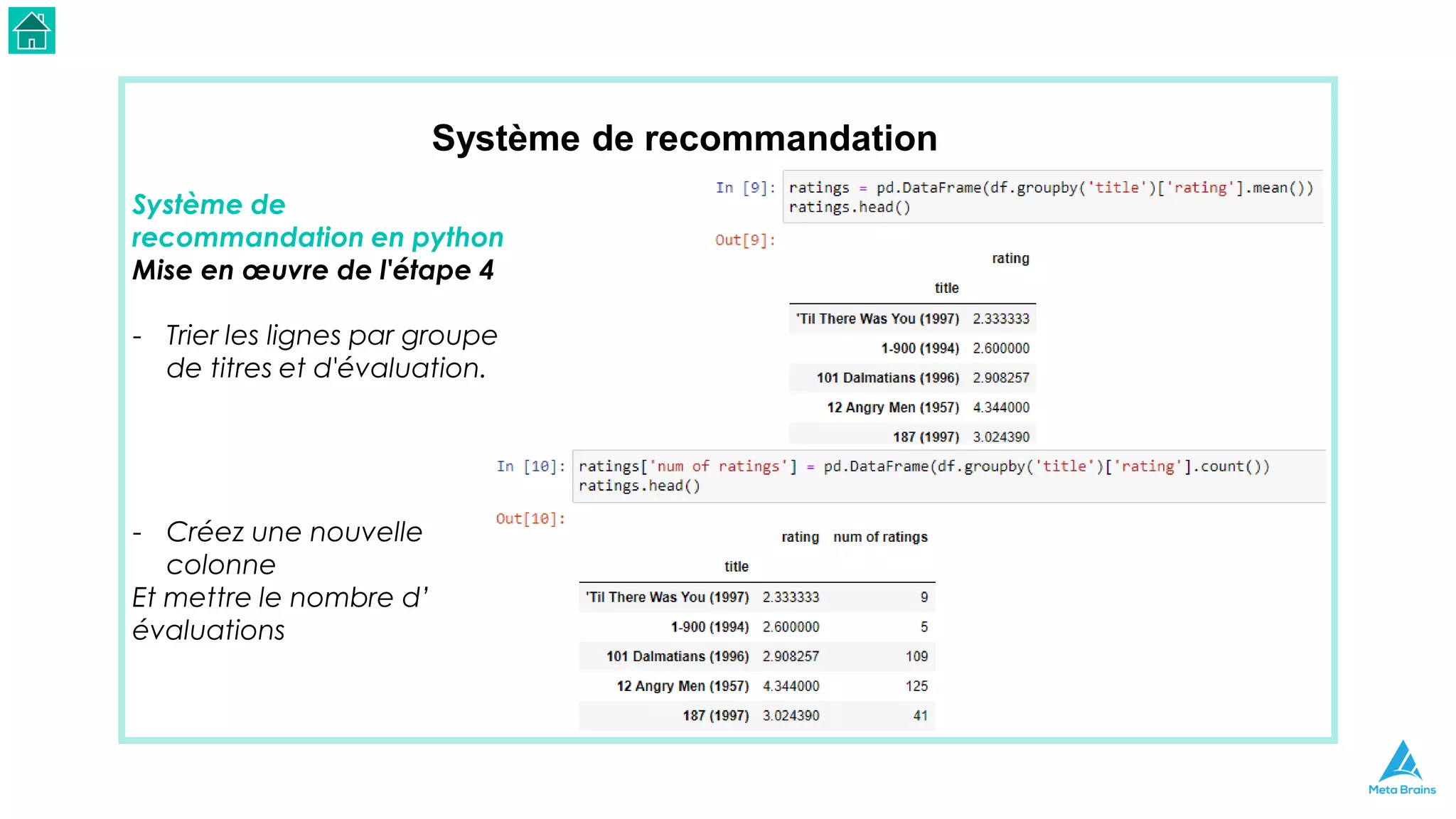 Système de recommandation
Système de
recommandation en python
Mise en œuvre de l'étape 4
- Trier les lignes par groupe
de titres et d'évaluation.
- Créez une nouvelle
colonne
Et mettre le nombre d’
évaluations
 