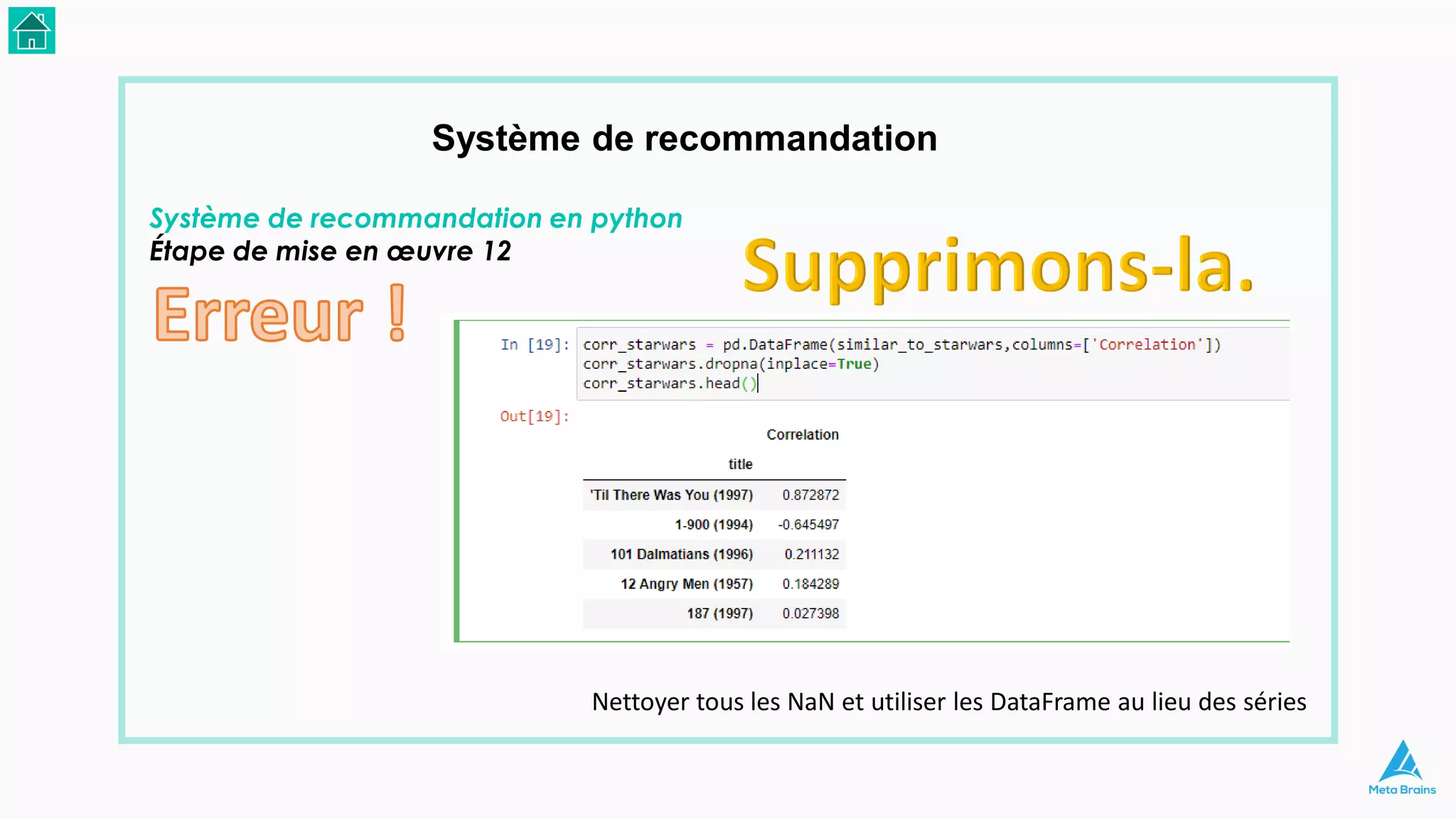 Système de recommandation
Système de recommandation en python
Étape de mise en œuvre 12
Nettoyer tous les NaN et utiliser les DataFrame au lieu des séries
 