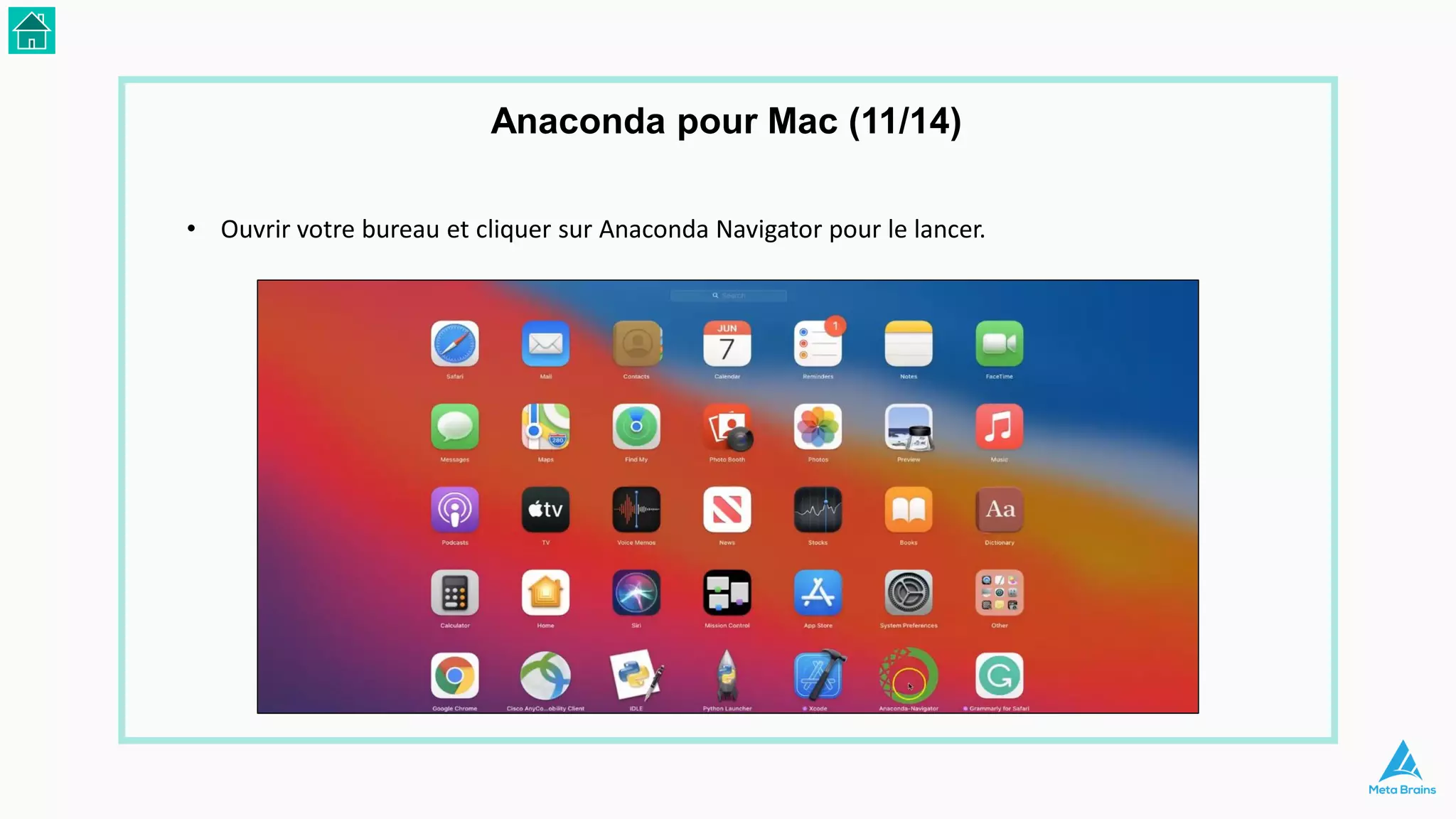 • Ouvrir votre bureau et cliquer sur Anaconda Navigator pour le lancer.
Anaconda pour Mac (11/14)
 