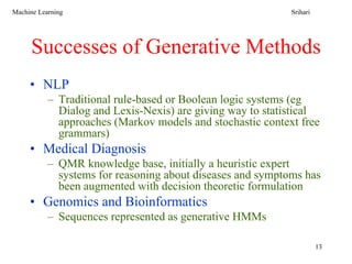 Machine Learning                                            Srihari




     Successes of Generative Methods
     • NLP
           – Traditional rule-based or Boolean logic systems (eg
             Dialog and Lexis-Nexis) are giving way to statistical
             approaches (Markov models and stochastic context free
             grammars)
     • Medical Diagnosis
           – QMR knowledge base, initially a heuristic expert
             systems for reasoning about diseases and symptoms has
             been augmented with decision theoretic formulation
     • Genomics and Bioinformatics
           – Sequences represented as generative HMMs

                                                                      13
 