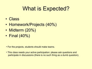 What is Expected? Class Homework/Projects (40%) Midterm (20%) Final (40%) For the projects, students should make teams. This class needs your active participation: please ask questions and  participate in discussions (there is no such thing as a dumb question).  