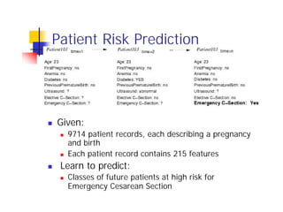 Patient Risk Prediction




n   Given:
    n   9714 patient records, each describing a pregnancy
        and birth
    n   Each patient record contains 215 features
n   Learn to predict:
    n   Classes of future patients at high risk for
        Emergency Cesarean Section
 
