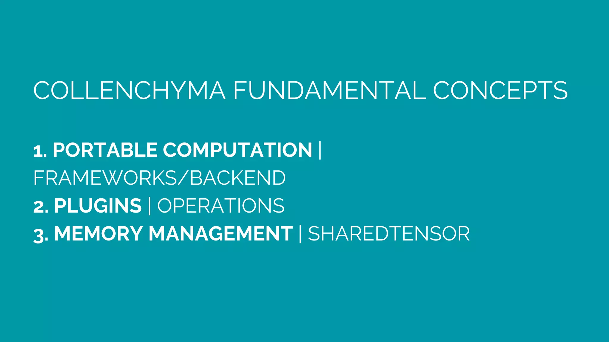 COLLENCHYMA FUNDAMENTAL CONCEPTS
1. PORTABLE COMPUTATION |
FRAMEWORKS/BACKEND
2. PLUGINS | OPERATIONS
3. MEMORY MANAGEMENT | SHAREDTENSOR
 