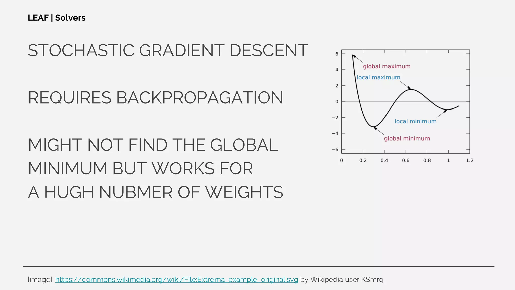 STOCHASTIC GRADIENT DESCENT
REQUIRES BACKPROPAGATION
MIGHT NOT FIND THE GLOBAL
MINIMUM BUT WORKS FOR
A HUGH NUBMER OF WEIGHTS
LEAF | Solvers
[image]: https://commons.wikimedia.org/wiki/File:Extrema_example_original.svg by Wikipedia user KSmrq
 