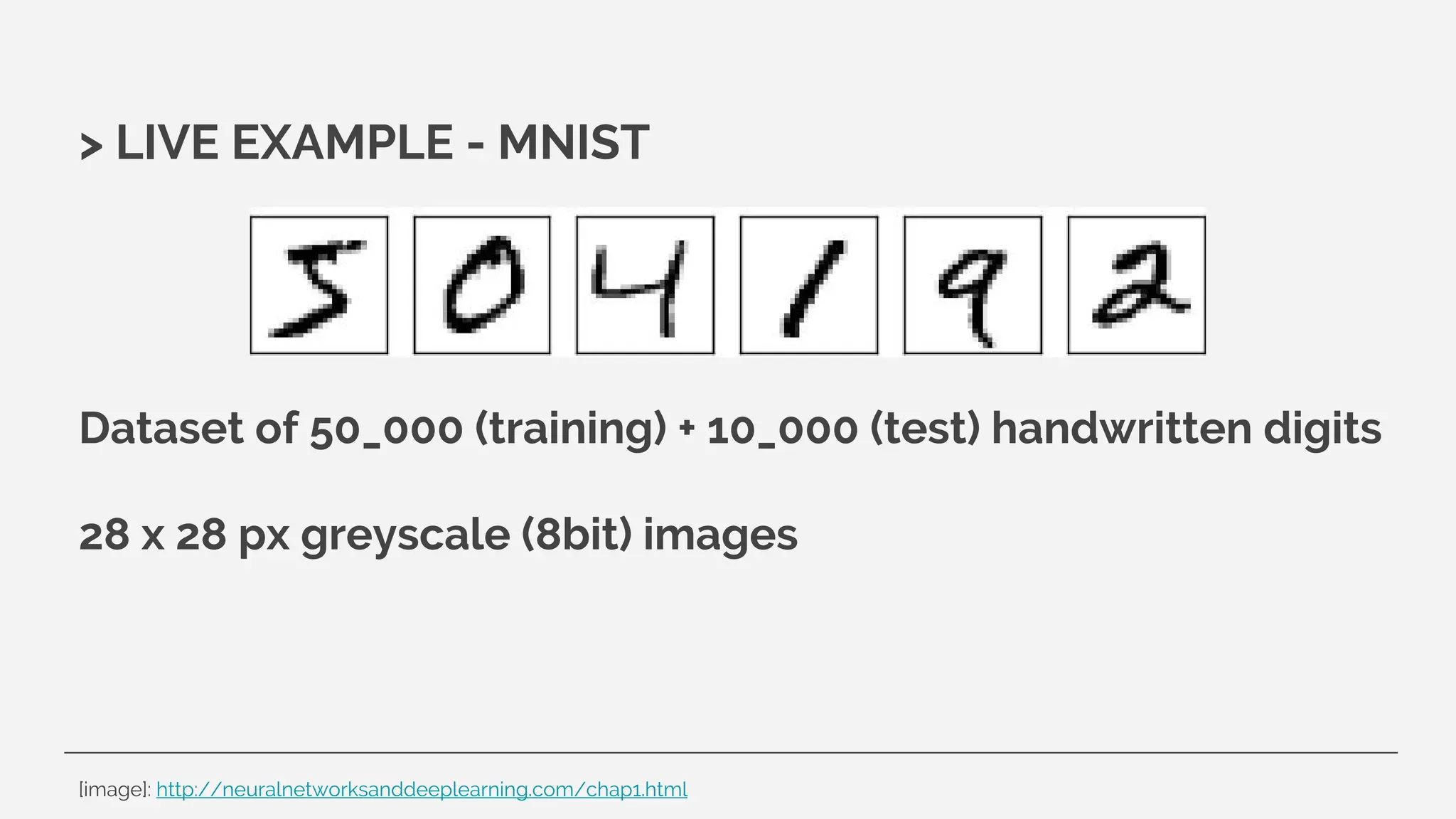 > LIVE EXAMPLE - MNIST
Dataset of 50_000 (training) + 10_000 (test) handwritten digits
28 x 28 px greyscale (8bit) images
[image]: http://neuralnetworksanddeeplearning.com/chap1.html
 