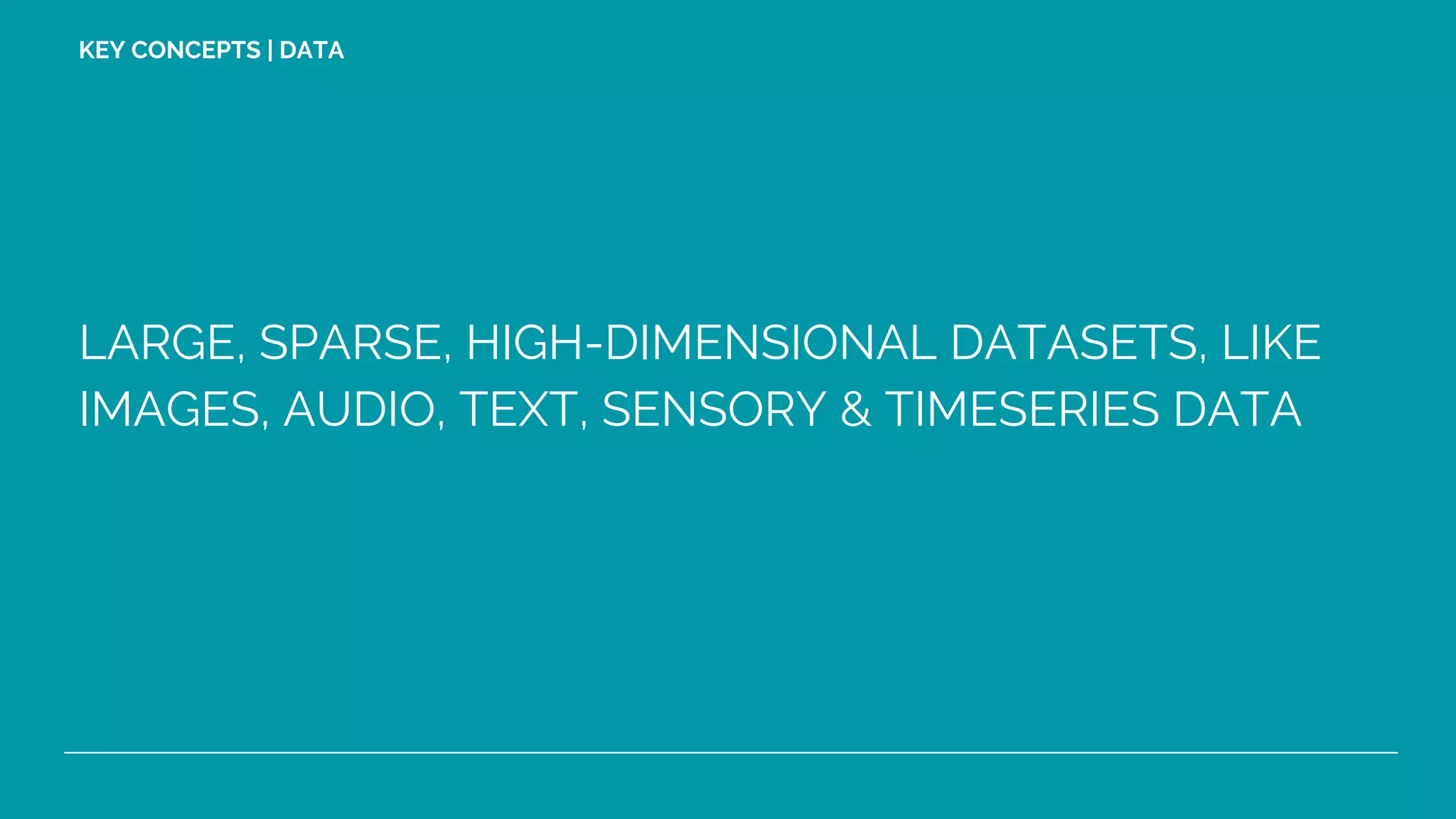 LARGE, SPARSE, HIGH-DIMENSIONAL DATASETS, LIKE
IMAGES, AUDIO, TEXT, SENSORY & TIMESERIES DATA
KEY CONCEPTS | DATA
 