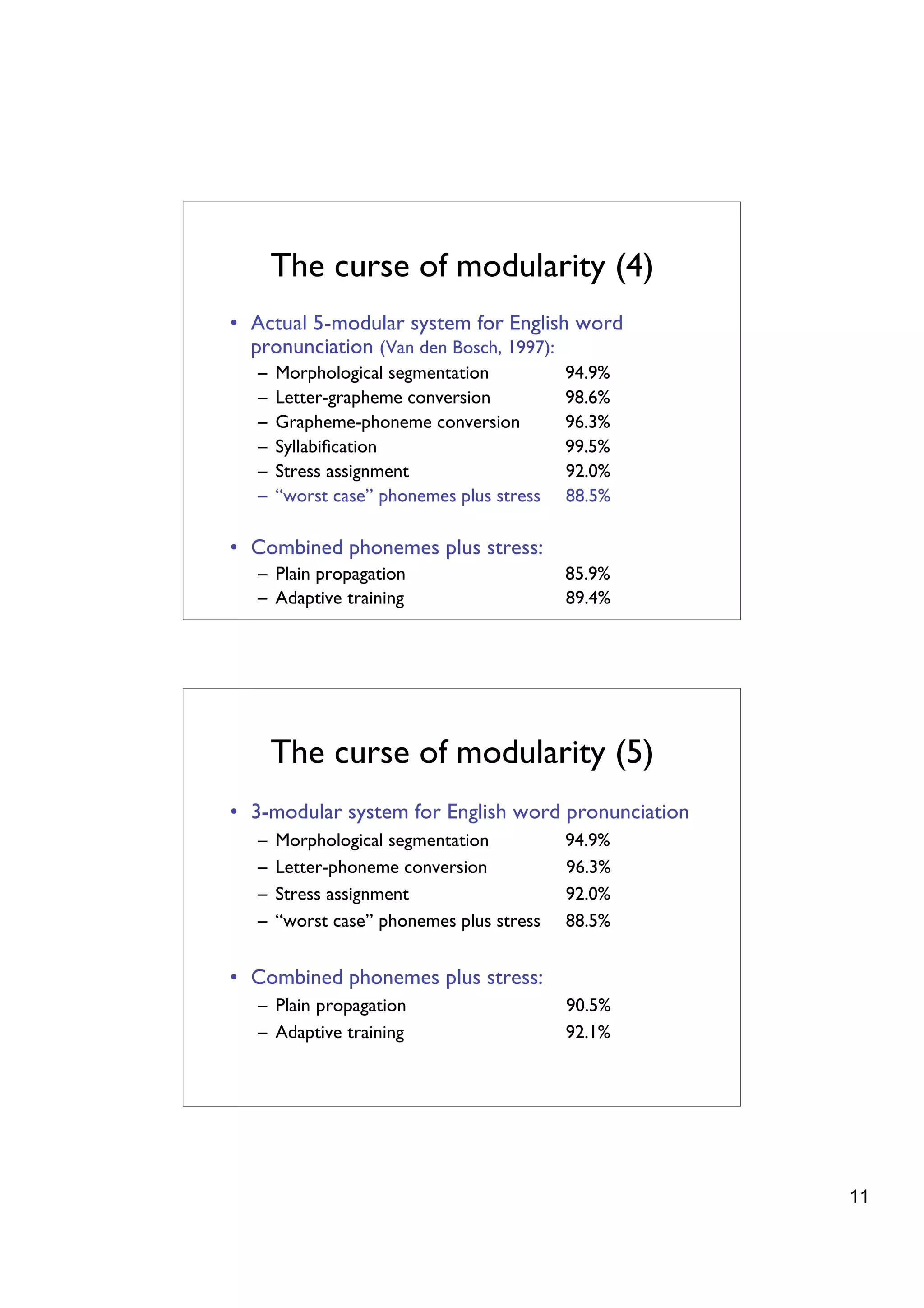 The curse of modularity (4)
• Actual 5-modular system for English word
  pronunciation (Van den Bosch, 1997):
  –   Morphological segmentation          94.9%
  –   Letter-grapheme conversion          98.6%
  –   Grapheme-phoneme conversion         96.3%
  –   Syllabiﬁcation                      99.5%
  –   Stress assignment                   92.0%
  –   “worst case” phonemes plus stress   88.5%

• Combined phonemes plus stress:
  – Plain propagation                     85.9%
  – Adaptive training                     89.4%




      The curse of modularity (5)
• 3-modular system for English word pronunciation
  –   Morphological segmentation          94.9%
  –   Letter-phoneme conversion           96.3%
  –   Stress assignment                   92.0%
  –   “worst case” phonemes plus stress   88.5%


• Combined phonemes plus stress:
  – Plain propagation                     90.5%
  – Adaptive training                     92.1%




                                                    11
 