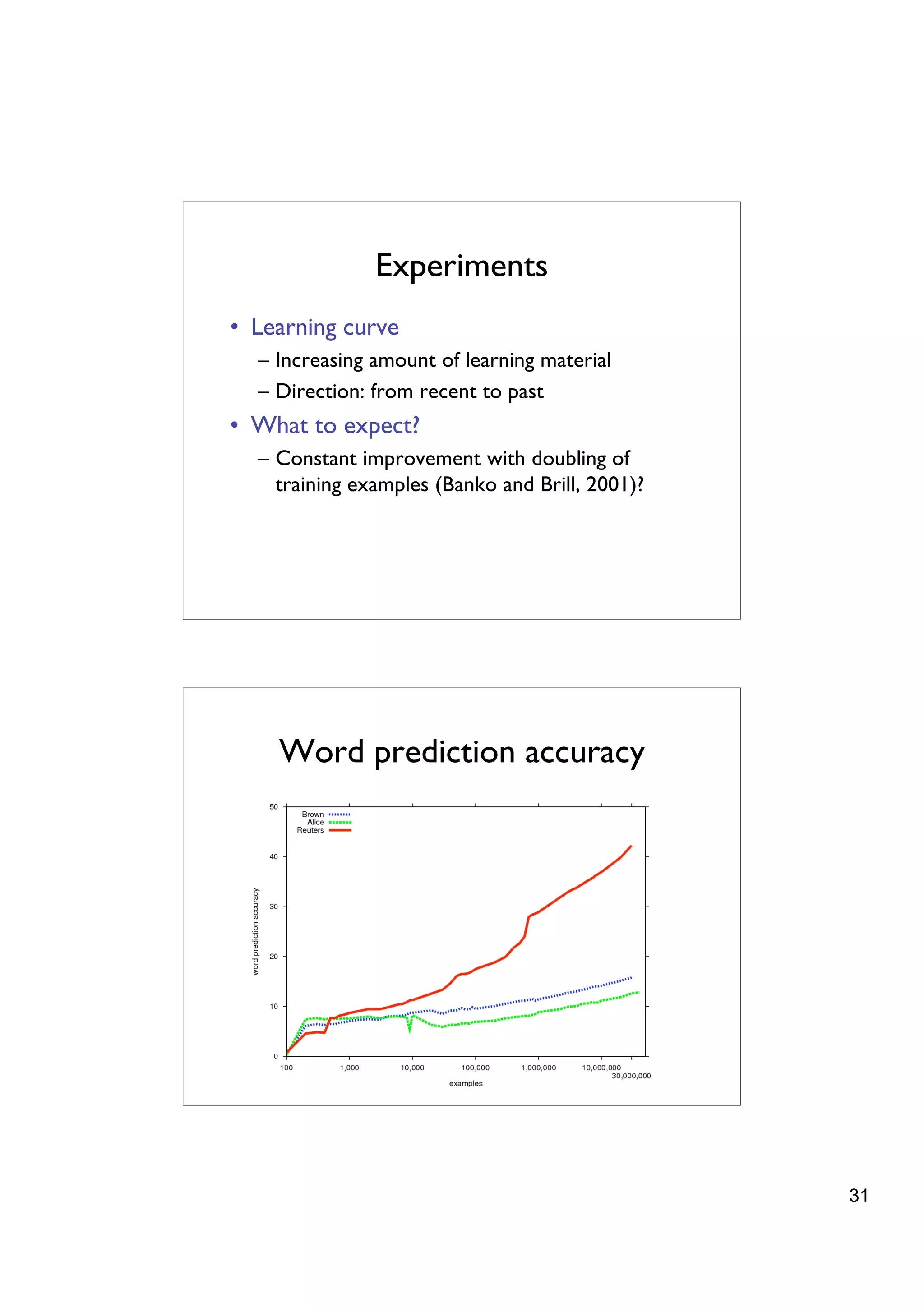 Experiments
• Learning curve
  – Increasing amount of learning material
  – Direction: from recent to past
• What to expect?
  – Constant improvement with doubling of
    training examples (Banko and Brill, 2001)?




    Word prediction accuracy




                                                 31
 