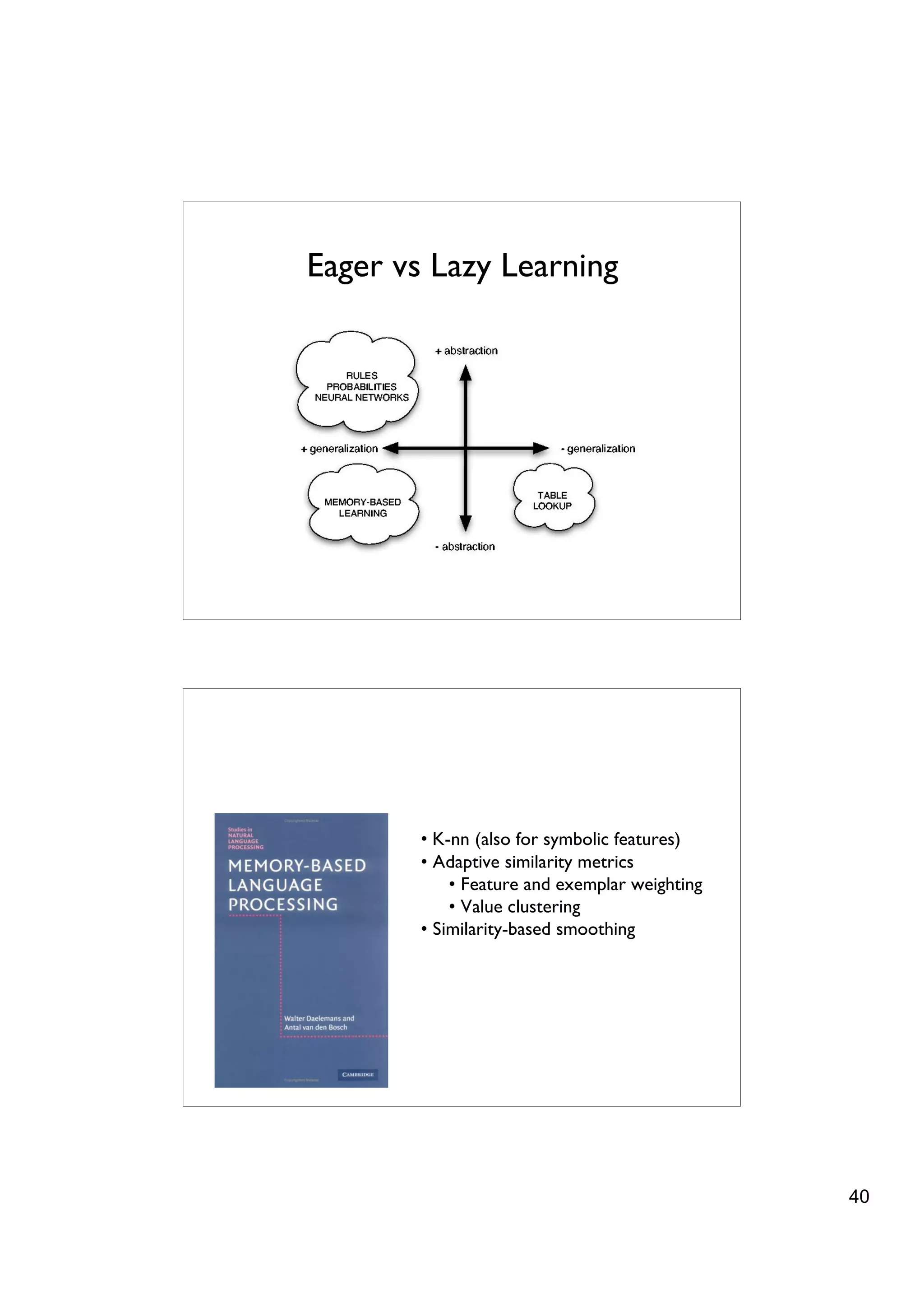 Eager vs Lazy Learning




        • K-nn (also for symbolic features)
        • Adaptive similarity metrics
            • Feature and exemplar weighting
            • Value clustering
        • Similarity-based smoothing




                                               40
 