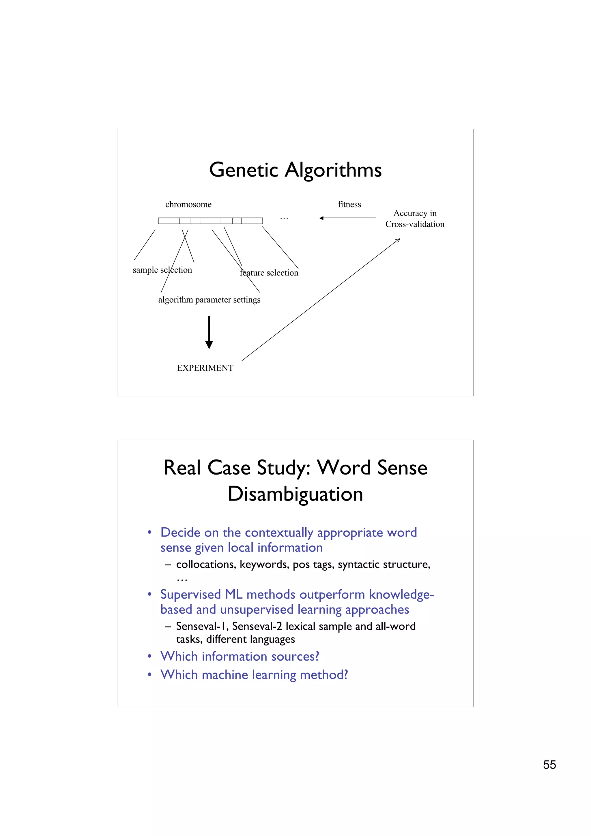 Genetic Algorithms
        chromosome                              fitness
                                       …                    Accuracy in
                                                          Cross-validation




sample selection            feature selection

      algorithm parameter settings




           EXPERIMENT




        Real Case Study: Word Sense
               Disambiguation
   • Decide on the contextually appropriate word
     sense given local information
        – collocations, keywords, pos tags, syntactic structure,
          …
   • Supervised ML methods outperform knowledge-
     based and unsupervised learning approaches
        – Senseval-1, Senseval-2 lexical sample and all-word
          tasks, different languages
   • Which information sources?
   • Which machine learning method?




                                                                             55
 