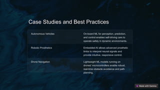 Case Studies and Best Practices
Autonomous Vehicles On-board ML for perception, prediction,
and control enables self-driving cars to
operate safely in dynamic environments.
Robotic Prosthetics Embedded AI allows advanced prosthetic
limbs to interpret neural signals and
provide intuitive, responsive control.
Drone Navigation Lightweight ML models running on
drones' microcontrollers enable robust,
real-time obstacle avoidance and path
planning.
 
