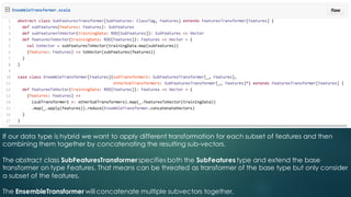 If our data type is hybrid we want to apply different transformation for each subset of features and then
combining them together by concatenating the resulting sub-vectors.
The abstract class SubFeaturesTransformerspecifies both the SubFeatures type and extend the base
transformer on type Features. That means can be threated as transformer of the base type but only consider
a subset of the features.
The EnsembleTransformer will concatenate multiple subvectors together.
 