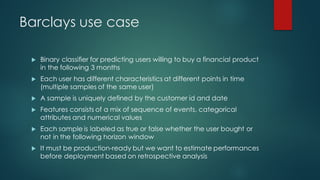 Barclays use case
u Binary classifier for predicting users willing to buy a financial product
in the following 3 months
u Each user has different characteristics at different points in time
(multiple samples of the same user)
u A sample is uniquely defined by the customer id and date
u Features consists of a mix of sequence of events, categorical
attributes and numerical values
u Each sample is labeled as true or false whether the user bought or
not in the following horizon window
u It must be production-ready but we want to estimate performances
before deployment based on retrospective analysis
 
